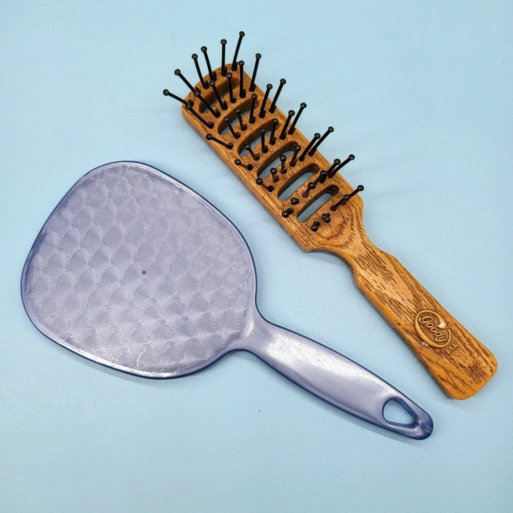 Vintage Goody Vented Hair Brush & Hand Mirror Travel Purse Plastic Faux Wood USA